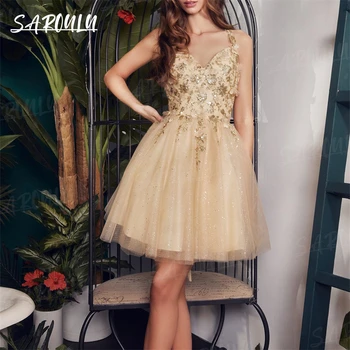 Къса рокля за абитуриентски бал от блестящо тюл на тънки спагети презрамки с 3D флорални апликации, рокли за бала, един коктейл рокля, расшитое мъниста, ръчно, скъпа