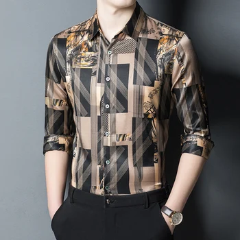 Мъжка риза от естествена коприна в европейски стил на високо качество, с дълъг ръкав и принтом, пролетта качество, гладка удобни ежедневни бутиков ризата Homme