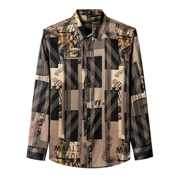 Мъжка риза от естествена коприна в европейски стил на високо качество, с дълъг ръкав и принтом, пролетта качество, гладка удобни ежедневни бутиков ризата Homme