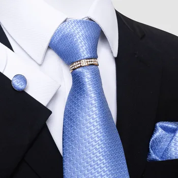 Мъжки висококачествен синя вратовръзка, носни кърпички, златен пръстен, копчета за ръкавели, определени за официална бизнес банкет, сватба вратовръзки за младоженеца-аксесоари