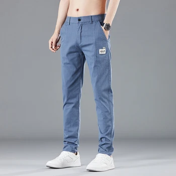Пролетно-летни мъжки тънки ежедневни панталони с еластичен колан, корейски модни памучни стрейчевые бизнес панталони, мъжки сиво-сини