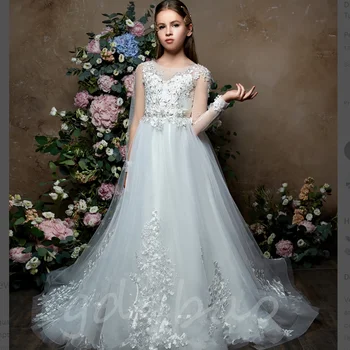 Рокля с цветя модел за момичета на сватба, апликация, пайети, бална рокля, празнични рокли на принцеси за първо причастие