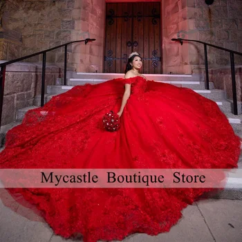 Червени бални рокли с 3D цветове, буйни рокля с открити рамене, флорални апликации, мъниста, корсет за парти Sweet 15 Girls