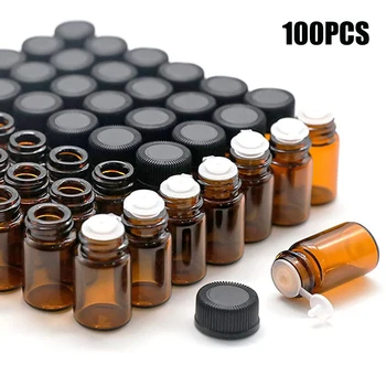100шт празни бутилки за етерично масло, бутилка за олио от тъмно стъкло с редуктор дупки, флакони за еднократна употреба, бутилка за тестване на козметични проби