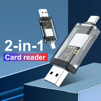 2 в 1 четец на карти памет, USB 2.0 Type C SD TF карта microSD, прозрачен адаптер Type C OTG за телефон Huawei, Xiaomi Android, PC