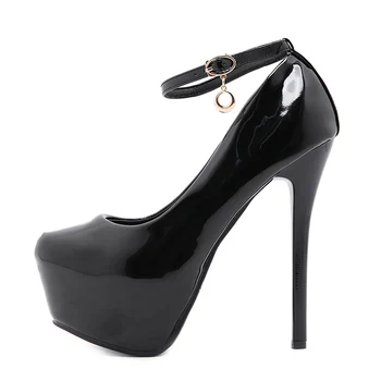 2023 Дамски обувки на платформа с кръгло бомбе и карфица 14 см, Обикновена Черни обувки-гладиатори За жени, Дамски обувки-лодки, Модел с катарама, Високи токчета, Чубрица