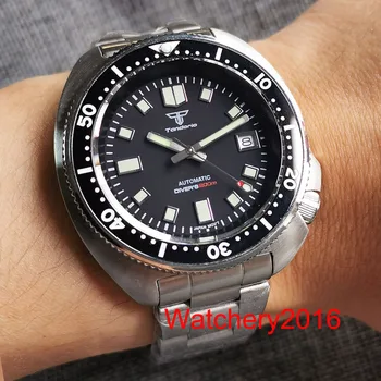 44 мм Tandorio Черно светлинен циферблат Япония NH35A Автоматична дата на Стоманени мъжки часовник за гмуркане 120 кликвания на 200 метра водоустойчивост