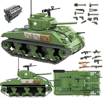 726 бр. Военен американски танк Sherman M4A1 градивните елементи на WW2 Танк Сити Деца полицай войници оръжие тухли детски играчки 