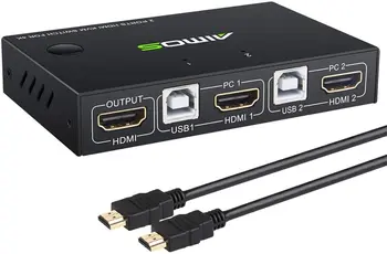 AIMOS KVM Switch 2 порта, HDMI, USB KVM Превключвател Поддържа Метод за превключване на горещи клавиши на клавиатурата, за 2 бр. Съвместно използваната клавиатура, мишка и монитор