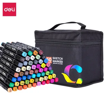 Deli 30/40/60/80 цветове Професионален маркер за рисуване с двойна глава, дизайнерска писалка за рисуване, инструменти за рисуване за ученици, стоки за бродерия