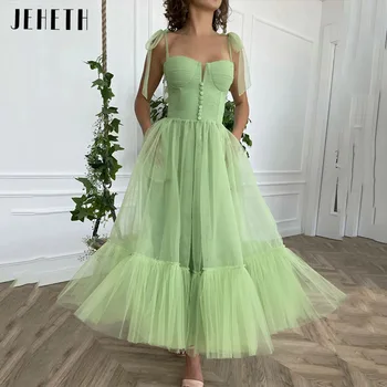JEHETH светло зелено тюлевое рокля за бала в пасторальном стил с джобове, вечерна рокля трапецовидна форма с отворен гръб с дължина до щиколоток, вечерен халат De Soirée