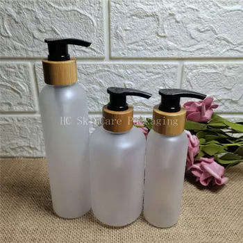 бутилки за шампоан на едро 100 бр./лот 250 мл прозрачна, матова повърхност, пластмасова бутилка с бамбук капак празни козметични контейнери в насипно състояние