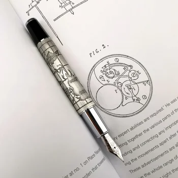 Висококачествена метална писалка Карта на света, сребърно покритие дръжка, мъжки дръжка с неуглеродистыми мастило, писалка за калиграфия