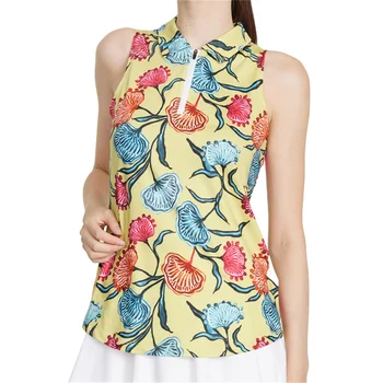 Дамски дрехи за голф без ръкави с цип UPF50 +, лятна тениска, на женската тенис облекло, пролетна мода дамска риза с флорална принтом