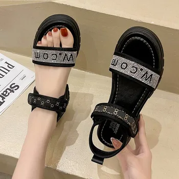 Дамски сандали 2022, летни нови ежедневни сандали на платформа дамски сандал, модерен дамски плажни обувки с диаманти