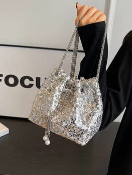 Дамски чанта през рамо с пайети, луксозна дизайнерска чанта 2023, нови универсални черни чанти-незабавни посланици на веригата