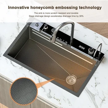 Дигитален дисплей богат на функции за кухненска мивка с водопад технология Honeycomb Голяма мивка от неръждаема стомана опаковка сапун за измиване на чаши