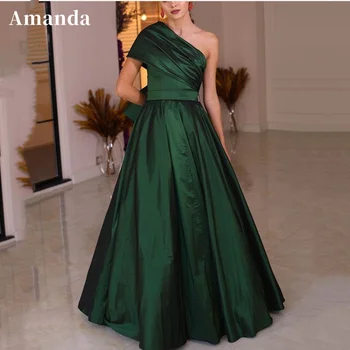 Елегантна тъмно-зелена вечерна рокля Аманда, секси рокля за бала на едно рамо, 2023, коприна на роклята трапецовидна форма, секси рокля за бала, без ръкави