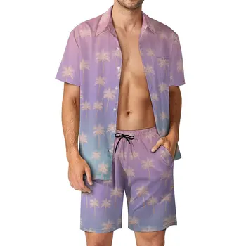 Елегантни мъжки плажни комплекти, хавайски комплект ежедневни ризи с градиентным принтом дланите, дизайнерски шорти с къс ръкав, костюм за фитнес на открито, плюс размер