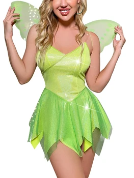 Жена очарователен костюм феи с лъскави крила и магически рокля за парти в чест на Хелоуин клуб или cosplay