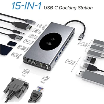 Зарядно устройство-hub Type C Зарядно устройство 15 В 1 USB HUB Type C е съвместим С HDMI, RJ-45, Безжичен Адаптер за Зареждане с USB 3.0 за Macbook Pro