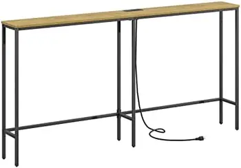 - Инчов конзола масичка с електрическа розетка, модерен тесен дълъг диван-маса за мека мебел, тесен вход маса с черна метална рамка за Bg
