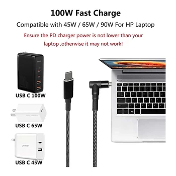 Кабел за зареждане USB C от C USB към лаптоп, адаптер Type C до DC 4,5 X 3,0 мм, конвертор 100 W, зарядно устройство PD, захранващ кабел за HP