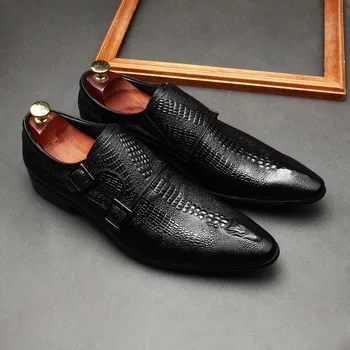 Класически мъжки модел обувки от естествена кожа с двойна каишка, черните сватбени обувки с крокодиловым модел, бизнес офис обувки за мъже