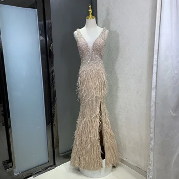 Луксозна вечерна рокля Русалка от Дубайских пера, расшитое мъниста, с нос златен/син цвят, арабски вечерни рокли за сватбени партита