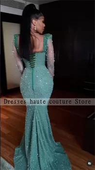 Луксозни мятно-зелени дантелени вечерни рокли на Русалка с мъниста 2023, блестящи с дълги ръкави, кристали, официално сватбена рокля Aso Ebi