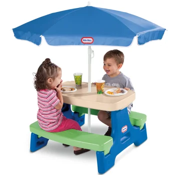 Масичка за пикник на Little Tikes Лесно се Съхранява Jr. с чадър, синьо и зелено - игралната масичка с чадър, за децата