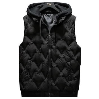 Модерен мъжки жилетка с качулка в есенно-зимната топло яке без ръкави, мъжки ежедневни черна жилетка, топла жилетка голям размер L-5XL