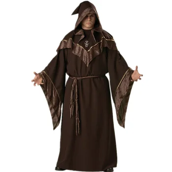 Мъжки костюм средновековен магьосник за cosplay, костюм религиозен кръстник на баща си за партита, униформи магьосник, мъжки костюм на магьосник-свещеник на Хелоуин