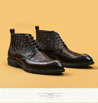 Мъжки Къси Модни обувки, Мъжки Ботильоны от крокодилска кожа, дантела, Мъжки Бизнес Кожени Обувки на Плоска подметка с Висока берцем, Големи размери 46