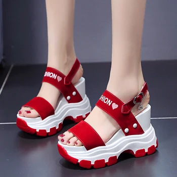 Нови летни дамски обувки на танкетке на високо масивна ток 39 см, червени модни сандали на платформа, спортни Sandalia Feminina