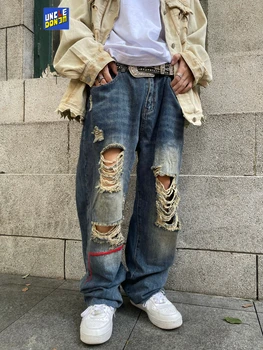Оръфан реколта скъсани дънки с широки штанинами, широки дънки в стил хип-хоп в стил Хай стрийт, мъжки дънки в стил харадзюку