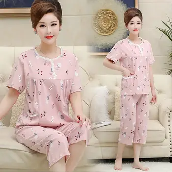 Пижами за майките на средна и в напреднала възраст, женски летни памучни скъсяване на панталони с къс ръкав, утягивающий комплект безплатни дрехи за дома в голям размер