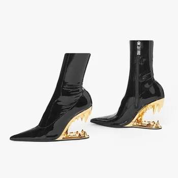 Популярни европейски обувки-лодка от микрофибър модерен дизайнерски ботильоны за жени, чубрица ботуши за езда джоб с остри пръсти, обувки на висок ток, чорапи