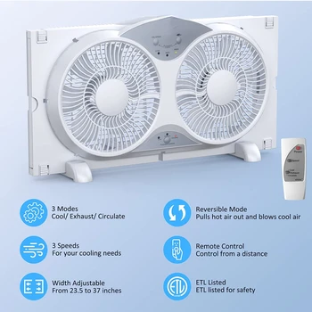 Прозорец на вентилатора с Тихо реверсивным потока на въздуха, Два 9-инчови дискове, Пълни с дистанционно управление, 3 Функции-3 Степенна, Прозорец в банята и Кухнята