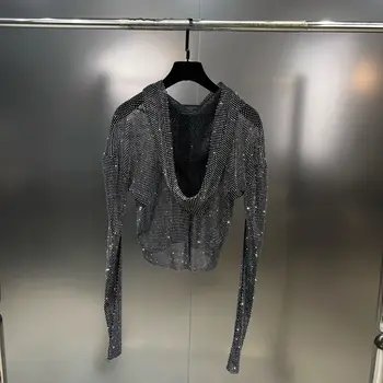 Пролет Лято 2023, финото палто с качулка и дълъг ръкав, лъскава еластична мрежа с диаманти, женски прозрачен сако в европейски стил, топ