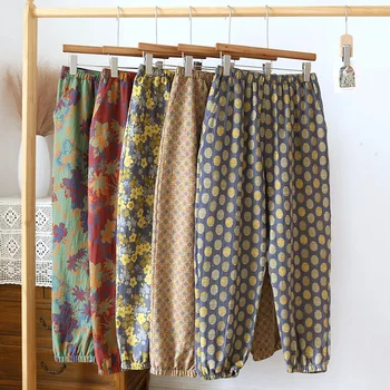 Пролетно-летни дамски пижамные панталони от памук, крепа с принтом, удобни широки панталони с еластичен ластик на талията, по-голяма домашни тънки панталони