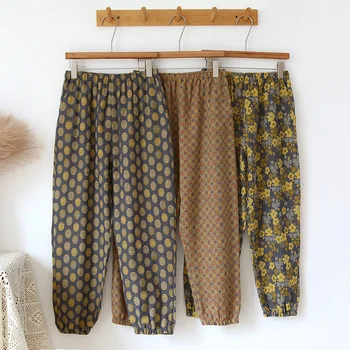 Пролетно-летни дамски пижамные панталони от памук, крепа с принтом, удобни широки панталони с еластичен ластик на талията, по-голяма домашни тънки панталони