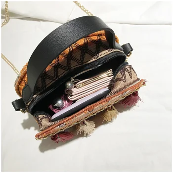 Реколта дамска чанта за през рамо в етнически стил, дамска чанта на верига, нова чанта-месинджър, кръгла чанта с четки ръчно изработени