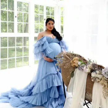 Синьо диференцирани дълго фатиновое рокля за бременни, за фотосесии, дрехи за бременни с плиссированными ръкави и отворени рамене, халати за детската душа