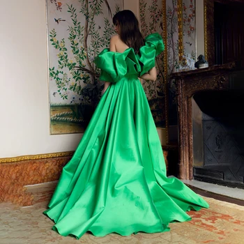 Тучни зелени рокли за специални поводи, с отворени рамене, луксозни гланц сатен рокля с открити рамене и пищни ръкави, елегантни вечерни рокли за бала