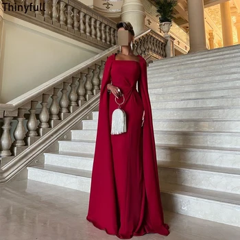Тънката червена рокля за бала от Саудитска Арабия с квадратна яка и дълги ръкави, рокли за партита с дължина до пода 2023, рокли за официални събития