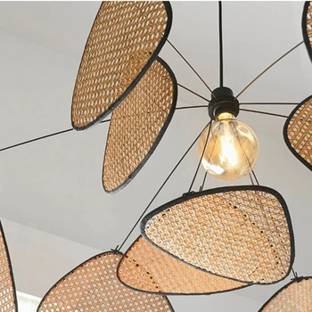 Френската дизайнерска плетена ракита полилей от ратан, ресторант, мрежа от листа, ръчна работа, лампа от ратан, висящи лампи за дома спални