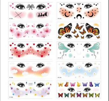 Цветни стикери за лице, сладки цветя, пеперуди, Танцова музика, фестивален грим, временна водоустойчив фалшива татуировка, украса за боди арт