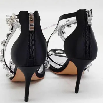 Черни сатенени сандали с декорация във формата на кристали, обувки с отворени пръсти, дамски обувки на тънък висок ток с частния ток, секси дама 2023 Zapatos Para Mujere