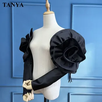 Черно атласное 3D рокля с голямо цвете, преносимо една модерна женствена рокля с дълъг ръкав, комплект от две части, аксесоари за партита